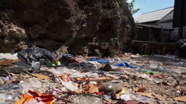 Zicht op prullenbak gevonden aan de zijkant van het zandstrand op een zonnige dag — Stockvideo