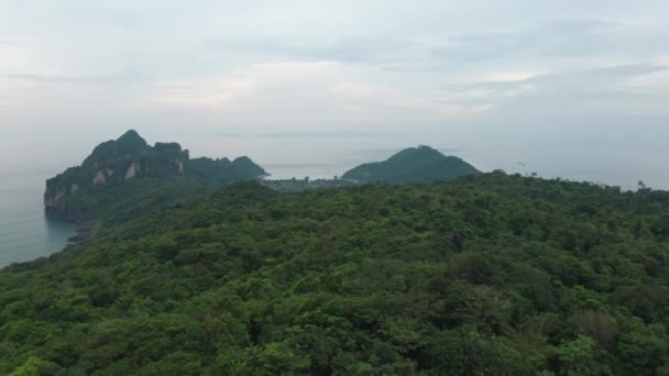 Panoramatický letecký výhled na oceánské vody, les a čisté nebe v Thajsku — Stock video