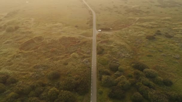 Schöne Luftaufnahme der Langen Landstraße, umgeben von üppigen Feldern, Jütland — Stockvideo