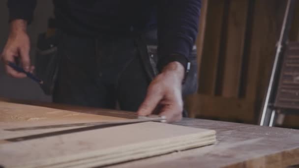Carpinteiro na oficina usando T-quadrado para desenhar — Vídeo de Stock