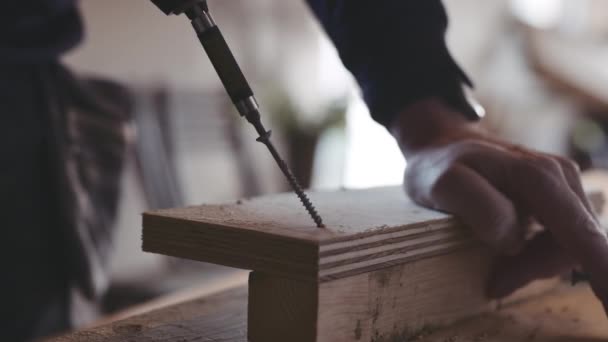 Carpinteiro usando chave de fenda elétrica na madeira — Vídeo de Stock