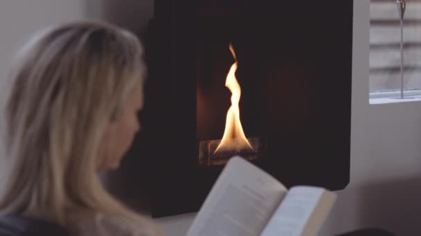 Mujer relajante y lectura libro por el fuego — Vídeo de stock