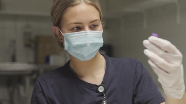 Arzt in Handschuhen hält Covid-Impfstoff hoch — Stockvideo