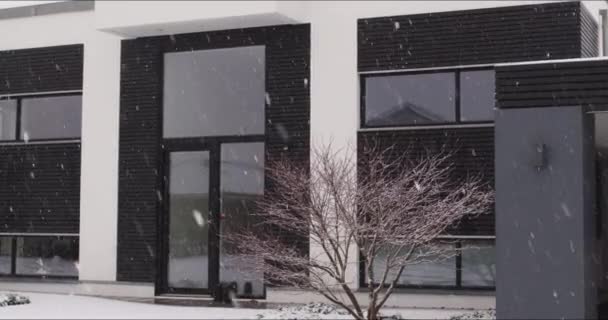 近代建築の前に降る雪 — ストック動画