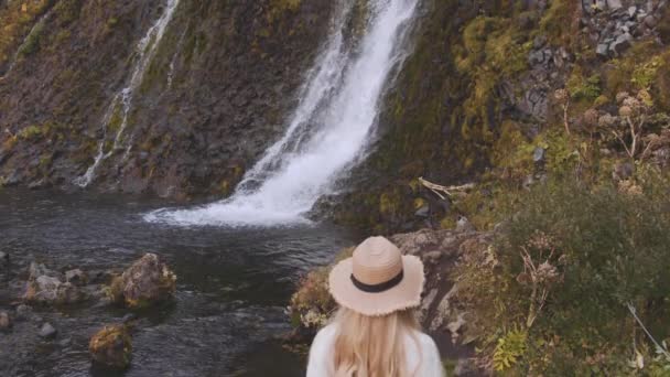 Woman With Vintage Camera Looking At Waterfall — Stock Video