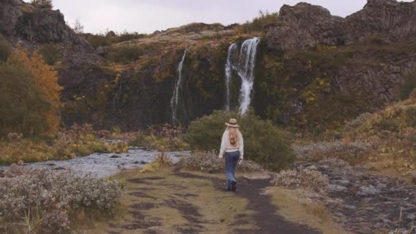 Mujer caminando hacia la cascada — Vídeos de Stock