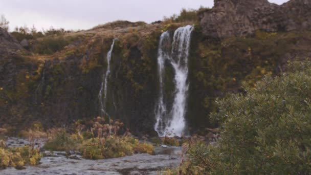 Chapeau de femme en paille regardant la cascade — Video