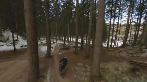 Drone volo seguendo ciclista saltando sentieri forestali — Video Stock
