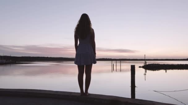 Kvinnan står vid vattenbrynet vid solnedgången — Stockvideo