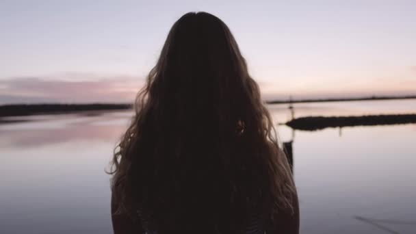 Женщина на закате с видом на гавань — стоковое видео