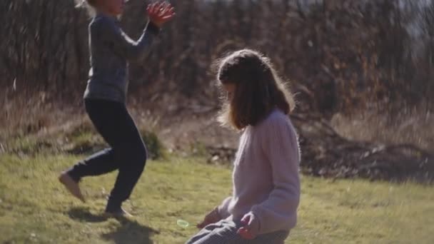 Meisje blazen bubbels van plastic Bubble Wand in zonlicht veld — Stockvideo