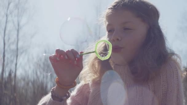 Junges Mädchen bläst Blasen im Sonnenfeld — Stockvideo