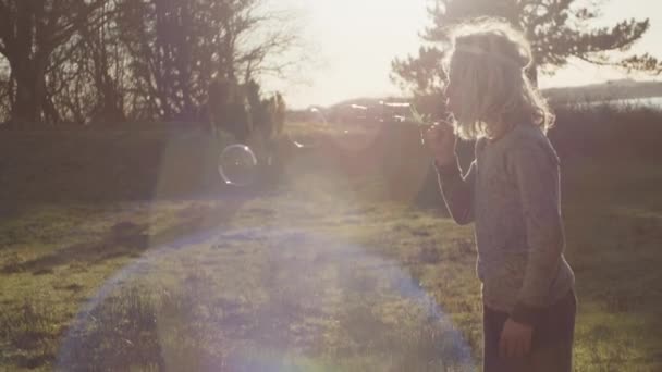 Chico en campo iluminado por el sol y soplando burbujas con varita — Vídeo de stock