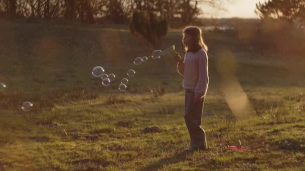 Girl Blowing Bubbles In Field At Sunset — Stock Video