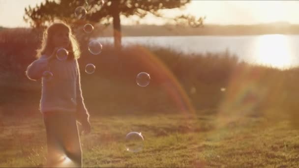 Ragazza soffiando bolle in campo al tramonto — Video Stock