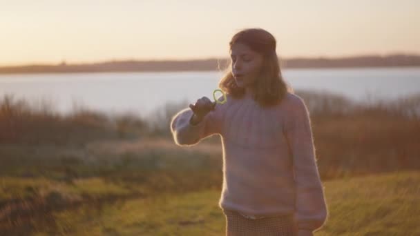 Ragazza soffiando bolle con bacchetta nel campo illuminato dal sole al tramonto — Video Stock