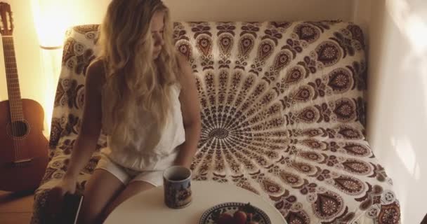 ソファの上に横たわる美しい若い女性読書本 — ストック動画
