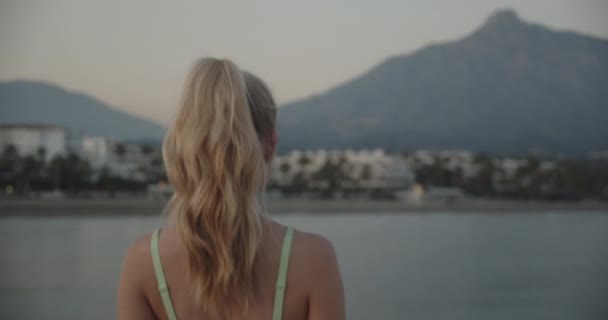 Young Woman Photographing Sea And Mountain — Vídeos de Stock