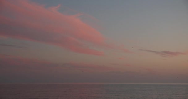 Pink Fluffy Clouds Over Tranquil Sea And Horizon At Sunset — Vídeo de Stock