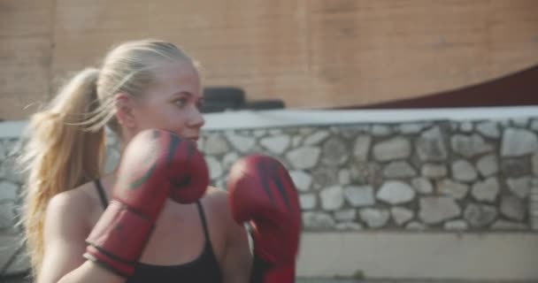 Woman Punching In Boxing Gloves At Outdoor Gym — Stockvideo