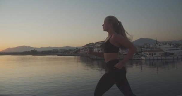 Vacker idrottsman jogging längs Promenaden vid solnedgången — Stockvideo