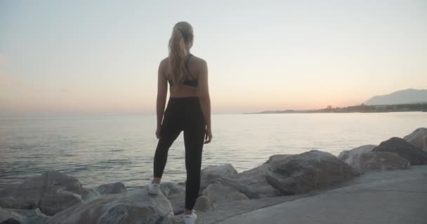 Young Athlete Standing On Rocks To Watch Sunset — Vídeos de Stock