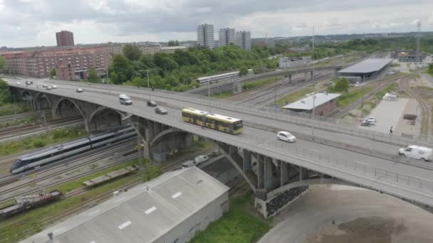 Buja fák, áthaladó járművekkel ellátott híd és híd alatti vasút — Stock videók
