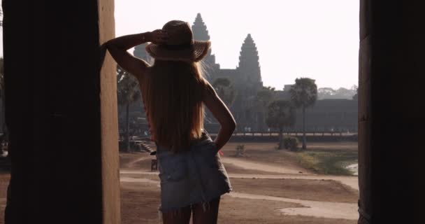Pessoa com longos cabelos loiros com as costas para a câmera de frente para uma vista panorâmica — Vídeo de Stock