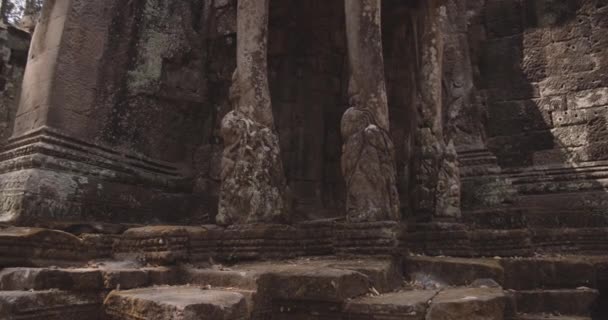 Karmaşık Kalıpları ve Pas Renkli Taşları olan Kamboçya Tapınağı Sütunları — Stok video