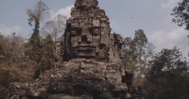 Ruínas de cara de Buda construídas com pedras cobertas de musgo cercado por árvores exuberantes — Vídeo de Stock