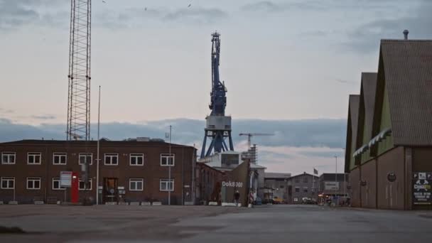 Harbor Buildings And Crane In Aarhus, — Stock Video