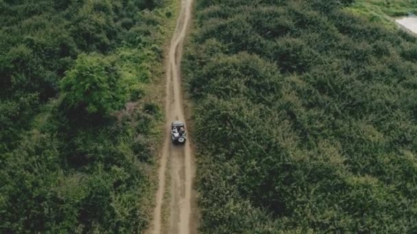 Drone Skott av ett fordon nästan omgiven av lummiga gröna träd — Stockvideo