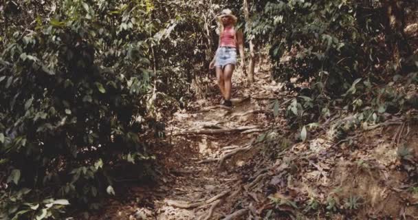 Mujer rubia asombrada turista bajando por un sendero empinado con firmeza — Vídeos de Stock