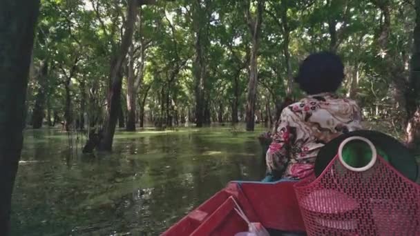 绿色苔藓覆盖的河流上的一个当地居民乘坐的船中的旅行者视角 — 图库视频影像