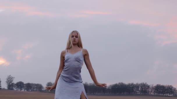 Een gracieuze vrouw danseres dansen op een veld met grijze skies — Stockvideo