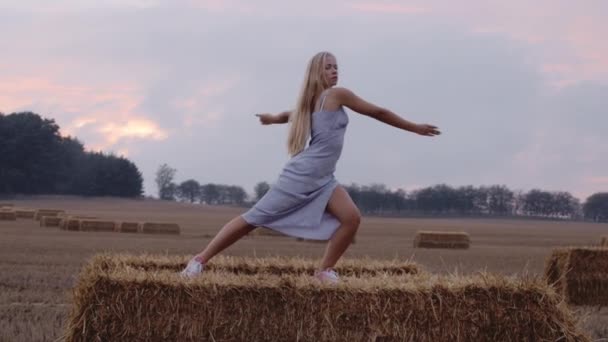 A Pretty Young Blonde Dancer Dances Under a Majestic Grey Sky — Stock Video