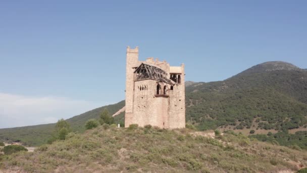 Drone Colpo di Castello Circondato da una montagna e alberi verdi lussureggianti e erba — Video Stock