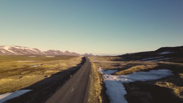 Pohled na přímou silnici uprostřed zelených polí s jasnou oblohou — Stock video