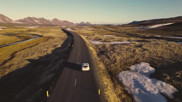 Majestuoso Drone Shot de campos verdes interminables y paisajes nevados de montaña — Vídeos de Stock