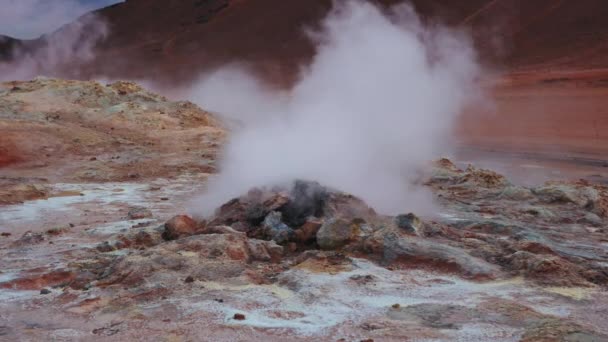 Ångande geotermisk ventil i isländsk terräng — Stockvideo