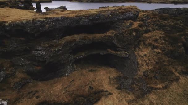 Drone Tiro de estrutura de pedra na Islândia coberto de musgo e grama murcha — Vídeo de Stock