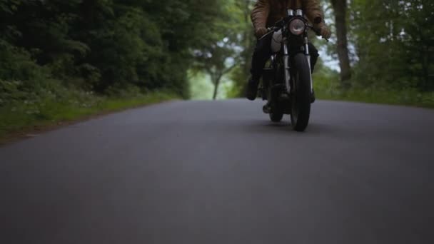 Motorkerékpár egy keskeny úton a buja zöld erdőben — Stock videók