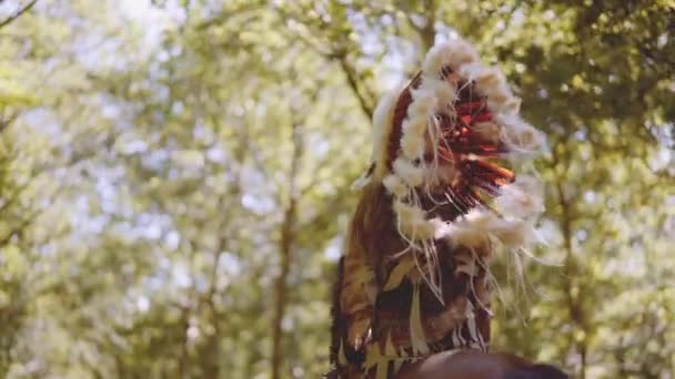 Woman In Headdress Riding Horse Through Sunlit Forest — Stockvideo