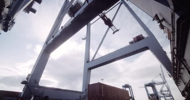 Tower Crane Pick Up an Orange Container on the Horizon of Bright Skies — Stock video