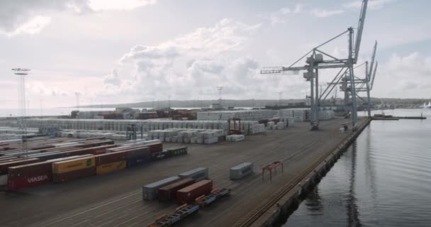 Container Shipyard by Port on Horizon of Clear Skies and Cumulonimbus Clouds — Stockvideo