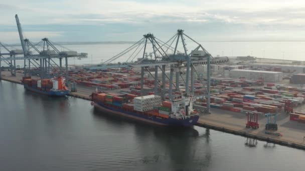 Container Scheepswerf op het Eindeloze Uitzicht op de Oceaan en de Skies — Stockvideo
