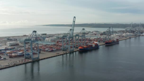 Container Shipyard Dock in the Bright Skies and the Horizon of the Calm Sea — Vídeos de Stock