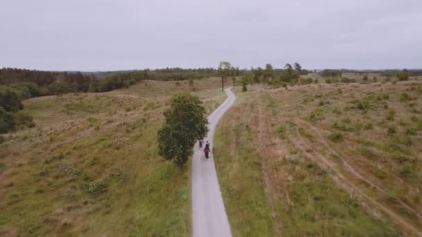 Droga z dwoma podróżnikami Jazda konna na dużym otwartym polu z scenerią nieba — Wideo stockowe