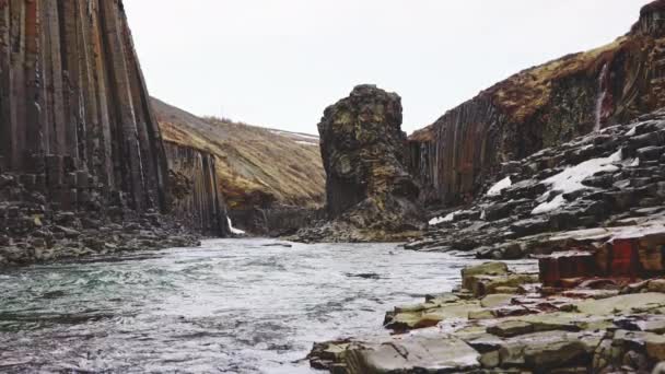 Disclaimlagil Canyon, Basalt Rock Columns en Glacier River Streaming Clear Waters — Stockvideo