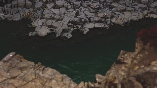 Čedičová skalní formace dotýkající se čistých vod řeky Blue Glacier — Stock video